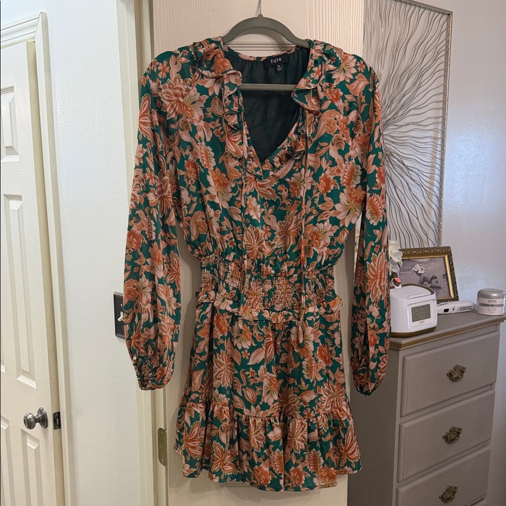 Fate Floral Long Sleeve Dress in Green and Orange